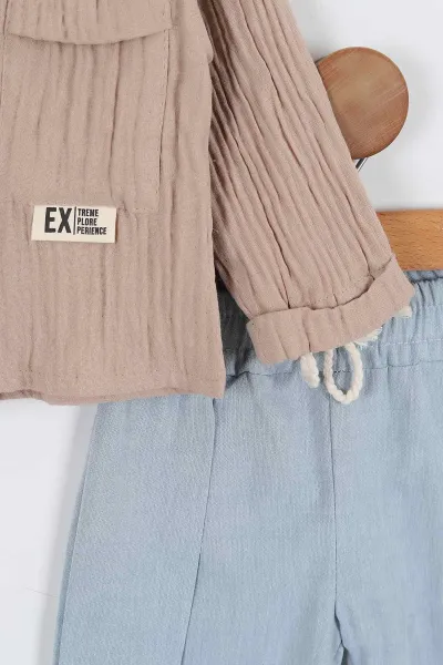 Kahve (9-24 Ay)Ex Etiketli Önden Düğmeli Müslin Erkek Bebek Takım 339311