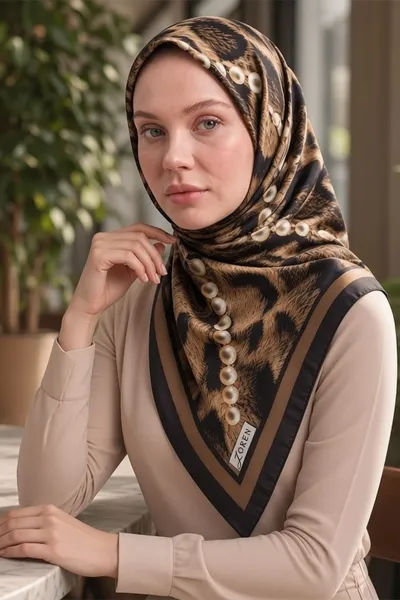 Kahve 90x90 Cm Dijital Baskılı İnci Desen Kutulu Twill Eşarp 501017