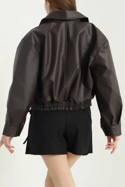 Kahve Astarlı Beli Lastikli Kadın Deri Kadın Mont 347659