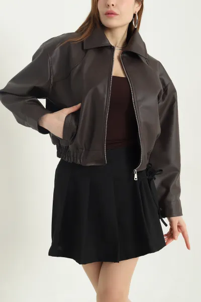 Kahve Astarlı Beli Lastikli Kadın Deri Kadın Mont 347659