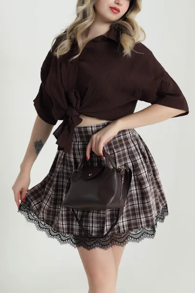 Kahve Bağlamalı Dokuma Çizgili Gömlek Bluz 473288
