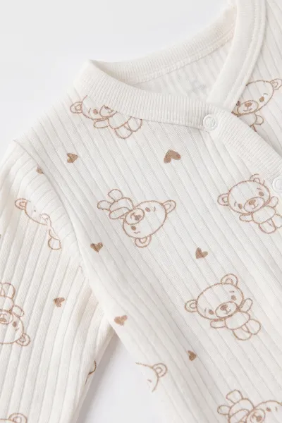 Kahve Beyaz (0-3 Ay) Oyuncak Ayı Desenli Raporlu  Şapkalı Erkek Bebek 3'lü Zıbın Takım 477310