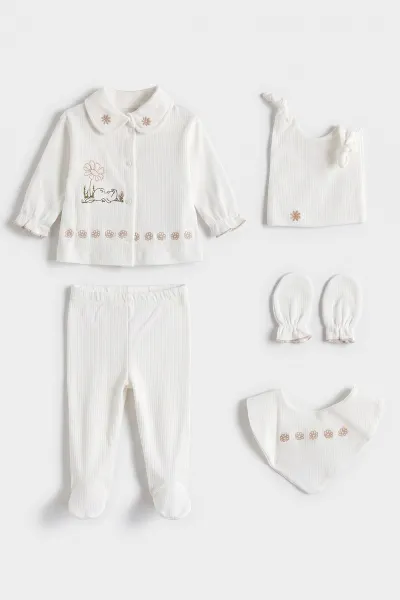 Kahve Beyaz  (0-3 Ay) Tavşan Nakışlı Kutulu Yeni Doğan Kız Bebek 5'li Zıbın Set 475347