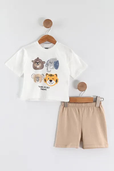 Kahve Beyaz (0-4 Yaş) Fil ve Koala Baskılı Şortlu Erkek Çocuk Yazlık Takım 459842