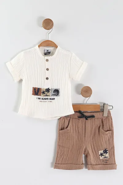 kahve-beyaz-0-4-yasholiday-time-baskili-yaka-yarim-dugmeli-muslin-erkek-cocuk-yazlik-takim-444937