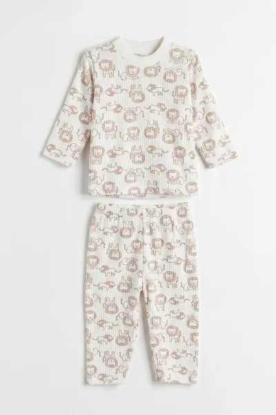 Kahve Beyaz  (1-3 Yaş) Aslan Desenli Raporlu Çocuk Pijama Takım 477331