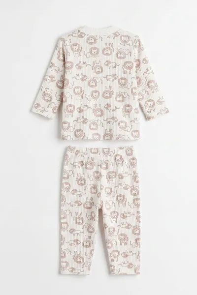 Kahve Beyaz  (1-3 Yaş) Aslan Desenli Raporlu Çocuk Pijama Takım 477331