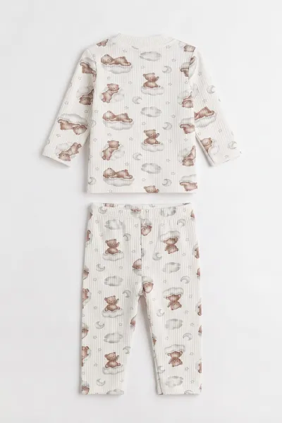 Kahve Beyaz (1-3 Yaş) Bulutlu Ayı  Baskılı Raporlu Çocuk Pijama Takım 477253