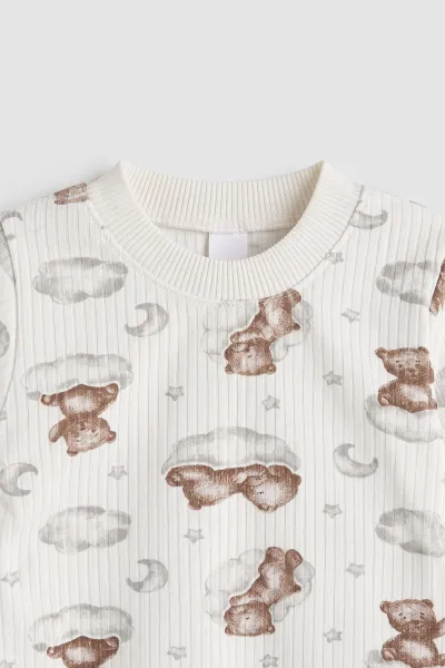 Kahve Beyaz (1-3 Yaş) Bulutlu Ayı  Baskılı Raporlu Çocuk Pijama Takım 477253