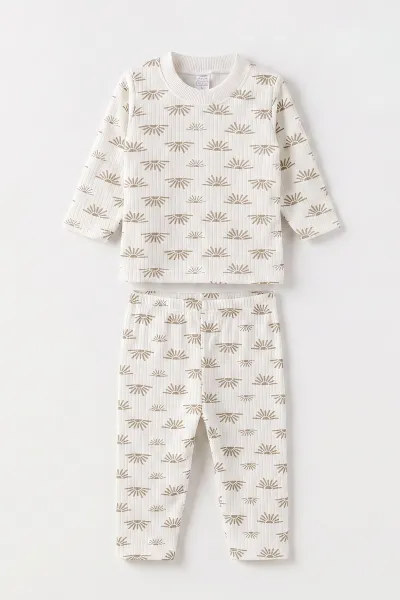 Kahve Beyaz   (1-3 Yaş) Güneş Desen Raporlu Çocuk Pijama Takım 477347