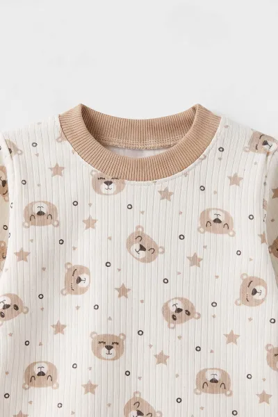 Kahve Beyaz (1-3 Yaş) Yıldız Desenli Raporlu Çocuk Pijama Takım 477263