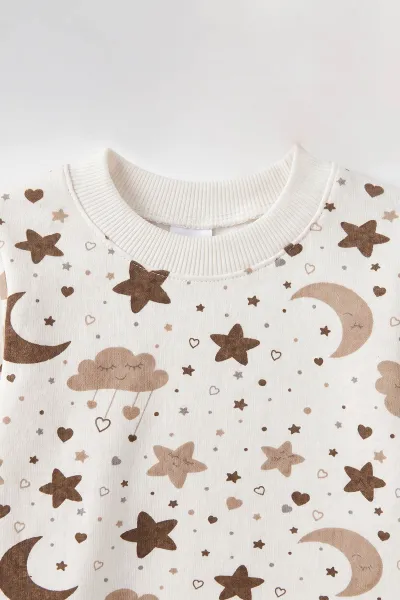 Kahve Beyaz   (1-3 Yaş) Yıldız ve Bulut Desenli  Çocuk Pijama Takım 477359