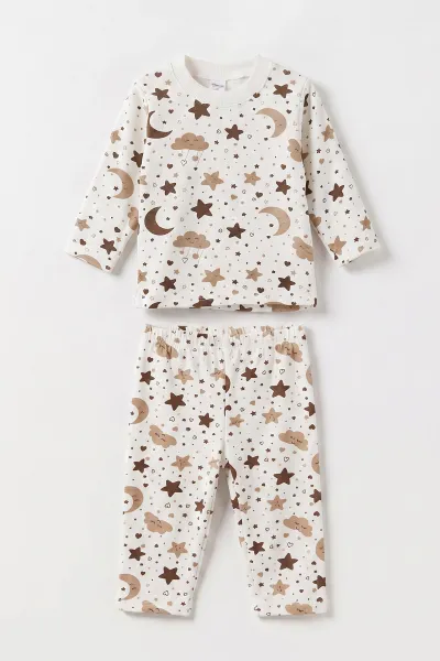 Kahve Beyaz   (1-3 Yaş) Yıldız ve Bulut Desenli  Çocuk Pijama Takım 477359