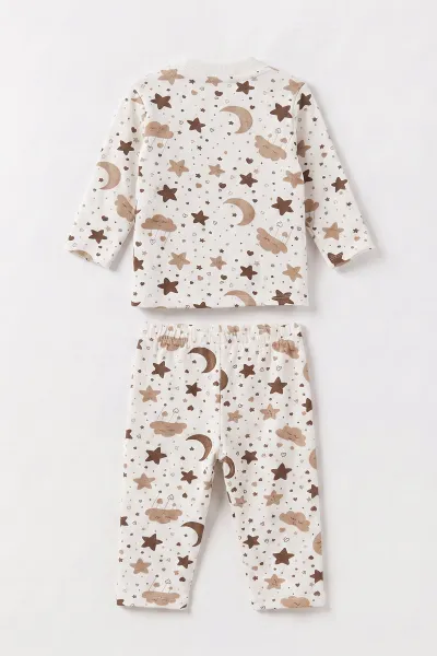 Kahve Beyaz   (1-3 Yaş) Yıldız ve Bulut Desenli  Çocuk Pijama Takım 477359