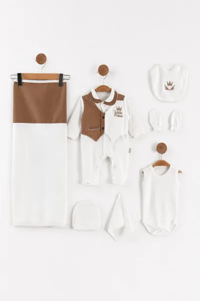 Kahve Beyaz(0-3 Ay)Little Prince Nakışlı Tulum, Battaniye ve 7'li Hastane Çıkış Seti 476847