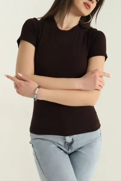 Kahve Bisiklet Yaka Çilek Kumaş Bluz 350529