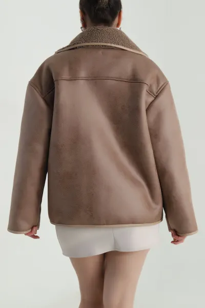 Kahve Biyeli İçi Kürklü Lamine Kadın Mont 499499