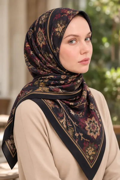 Kahve - Bordo 90x90 Cm Dijital Baskılı Heritage Desen Soft Eşarp 498574