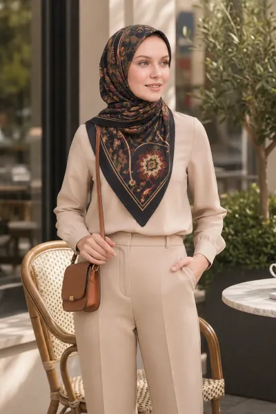 Kahve - Bordo 90x90 Cm Dijital Baskılı Heritage Desen Soft Eşarp 498574