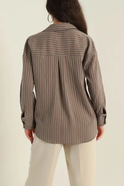 Kahve Çizgili Mono Stripe Kadın Gömlek 425451