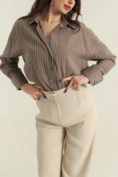 Kahve Çizgili Mono Stripe Kadın Gömlek 425451