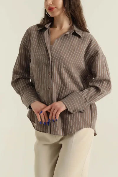 Kahve Çizgili Mono Stripe Kadın Gömlek 425451