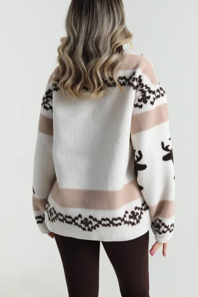 Kahve Desenli Uzun Kollu Teddy Kadın Sweat 482448