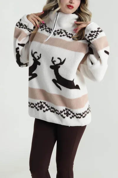 Kahve Desenli Uzun Kollu Teddy Kadın Sweat 482448