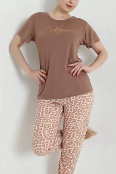 Kahve Desenli Viskon Kadın Pijama Takımı 466612