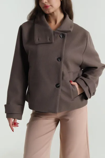 Kahve Dik Yaka Kaşe Kadın Mont 492349
