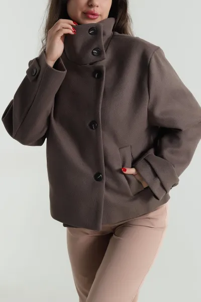 Kahve Dik Yaka Kaşe Kadın Mont 492349