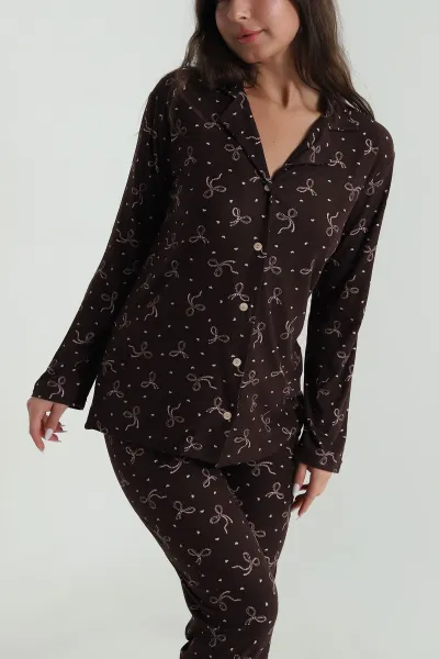 Kahve Düğmeli Süet Kadın Pijama Takımı 486269