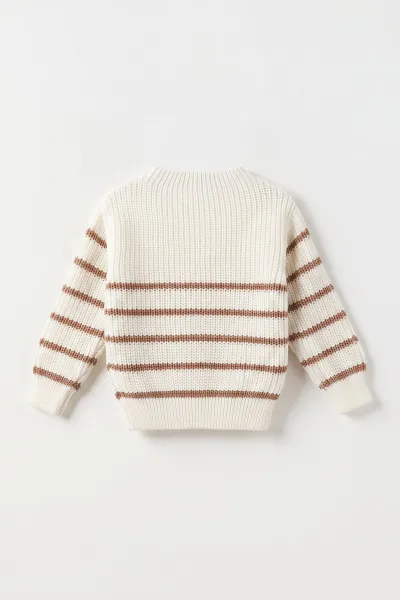 Kahve Ekru (0-5 Yaş) İnce Çizgili Selanik Örgülü Triko Kız&Erkek Bebek&Çocuk Kazak 474892