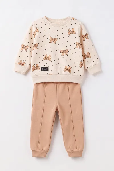 Kahve Ekru (6-24 Ay) Fiyonk Baskılı Kalpli Alt Çimalı  3 İp Şardonlu Kız Bebek Kışlık Takım 499382