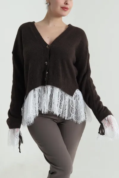 Kahve Eteği Dantelli Kadın Triko Üst 493890