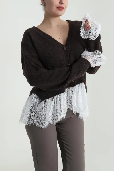 Kahve Eteği Dantelli Kadın Triko Üst 493890