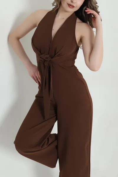 Kahve Fermuarlı Bel Bağlamalı Dokuma Kadın Tulum 459038