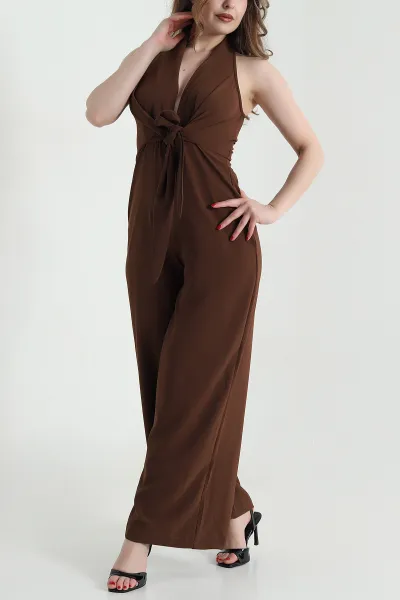 Kahve Fermuarlı Bel Bağlamalı Dokuma Kadın Tulum 459038