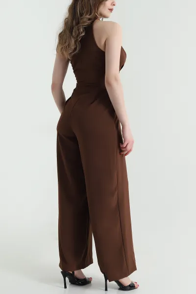 Kahve Fermuarlı Bel Bağlamalı Dokuma Kadın Tulum 459038