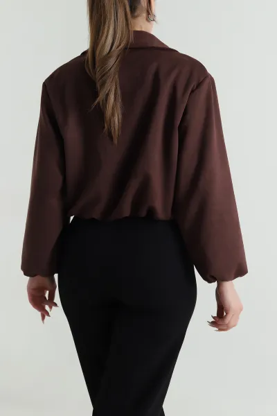 Kahve Fermuarlı Beli Lastikli Süet Mont 488863