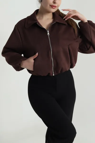 Kahve Fermuarlı Beli Lastikli Süet Mont 488863