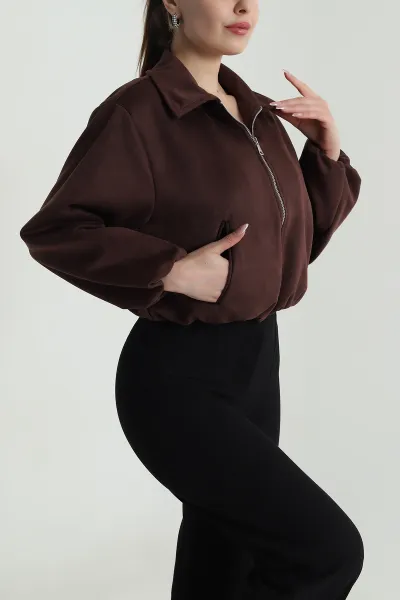 Kahve Fermuarlı Beli Lastikli Süet Mont 488863