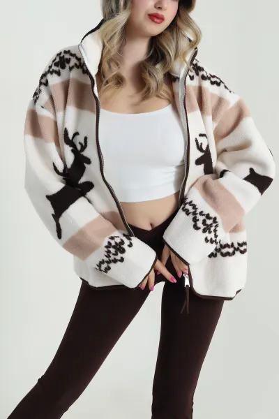 Kahve Fermuarlı Desenli Teddy Kadın Polar 482441