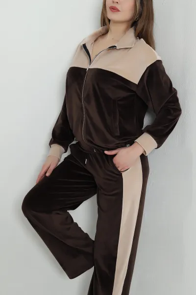 Kahve Fermuarlı Kadife Kadın İkili Takım 494619