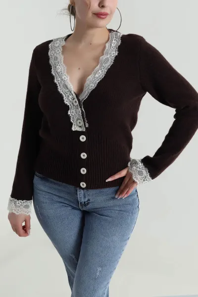 Kahve Güpür Detay Kadın Triko Hırka 485506
