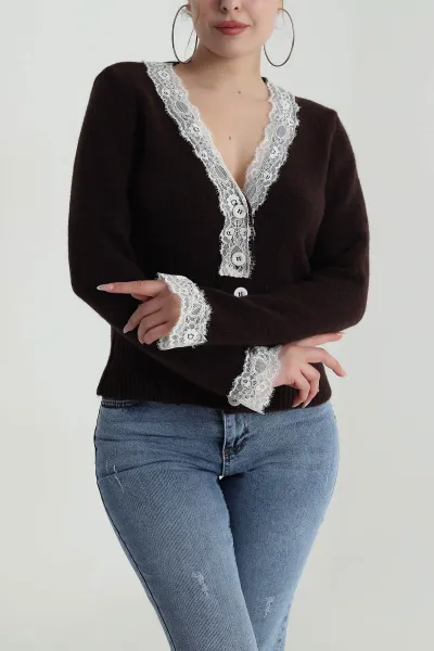 Kahve Güpür Detay Kadın Triko Hırka 485506