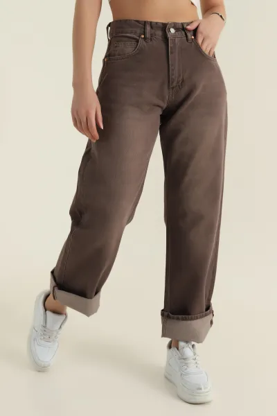 Kahve Katlanabilir Paça Kadın Kot Pantolon 421049