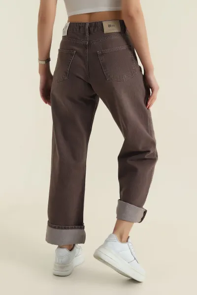 Kahve Katlanabilir Paça Kadın Kot Pantolon 421049