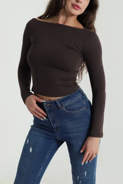 Kahve Kayık Yaka Uzun Kol Oysho Kadın Bluz 484506