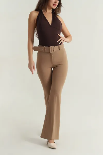 Kahve Kemerli İspanyol Paça Kadın Pantolon 401323